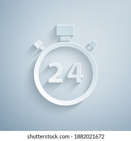 Recorte de papel Icono de Stopwatch 24 horas aislado en fondo gris. Icono cíclico de todo el día. símbolo de servicio las 24 horas. Estilo de arte de papel. Vector.