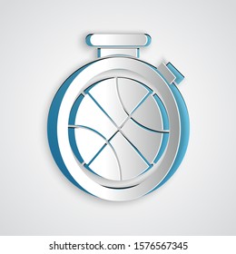 Paper cut Stopwatch with basketball ball inside icon isolated on grey background. Basketball time. Sport and training. Paper art style. Vector Illustration