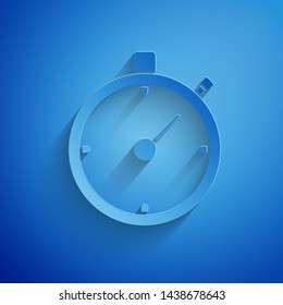 Paper cut Stopwatch icon isolated on blue background. Time timer sign. Chronometer sign. Paper art style. Vector Illustration