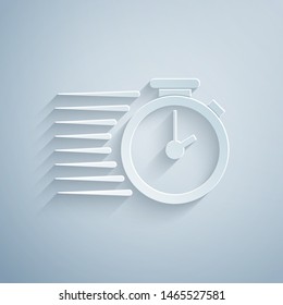 Paper cut Stopwatch icon isolated on grey background. Time timer sign. Paper art style. Vector Illustration