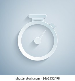 Paper cut Stopwatch icon isolated on grey background. Time timer sign. Paper art style. Vector Illustration