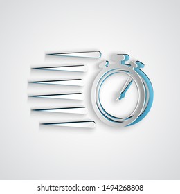 Paper cut Stopwatch icon isolated on grey background. Time timer sign. Chronometer sign. Paper art style. Vector Illustration