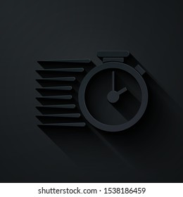 Paper cut Stopwatch icon isolated on black background. Time timer sign. Paper art style. Vector Illustration