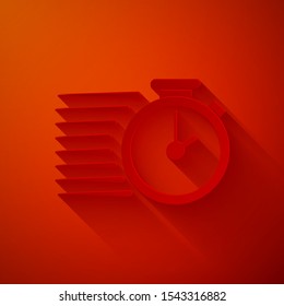 Paper cut Stopwatch icon isolated on red background. Time timer sign. Paper art style. Vector Illustration