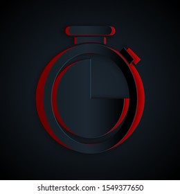 Paper cut Stopwatch icon isolated on black background. Time timer sign. Paper art style. Vector Illustration