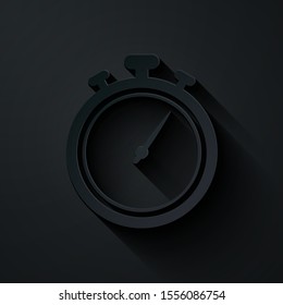 Paper cut Stopwatch icon isolated on black background. Time timer sign. Chronometer sign. Paper art style. Vector Illustration