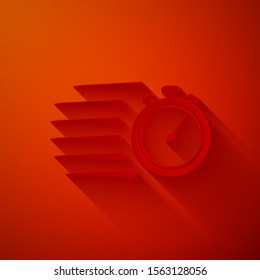 Paper cut Stopwatch icon isolated on red background. Time timer sign. Chronometer sign. Paper art style. Vector Illustration