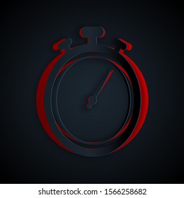 Paper cut Stopwatch icon isolated on black background. Time timer sign. Chronometer sign. Paper art style. Vector Illustration
