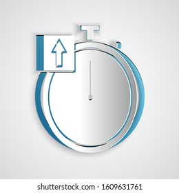 Paper cut Stopwatch icon isolated on grey background. Time timer sign. Chronometer sign. Paper art style. Vector Illustration