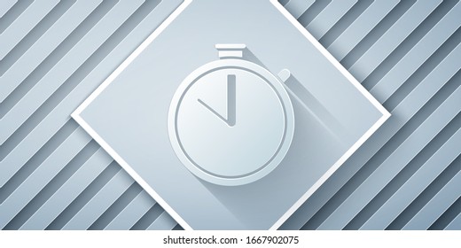 Paper cut Stopwatch icon isolated on grey background. Time timer sign. Chronometer sign. Paper art style. Vector Illustration