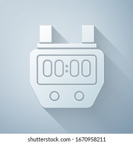 Paper cut Stopwatch icon isolated on grey background. Time timer sign. Chronometer sign. Paper art style. Vector Illustration