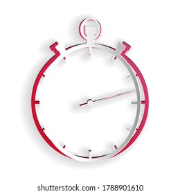 Paper cut Stopwatch icon isolated on white background. Time timer sign. Paper art style. Vector.