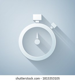 Paper cut Stopwatch icon isolated on grey background. Time timer sign. Chronometer sign. Paper art style. Vector