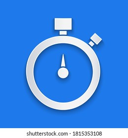Paper cut Stopwatch icon isolated on blue background. Time timer sign. Chronometer sign. Paper art style. Vector