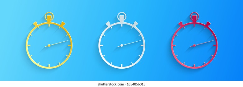 Paper cut Stopwatch icon isolated on blue background. Time timer sign. Paper art style. Vector.