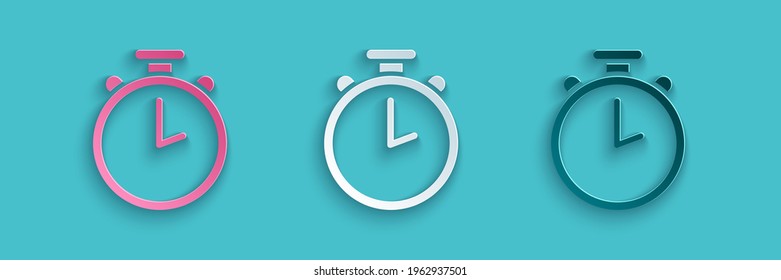 Paper cut Stopwatch icon isolated on blue background. Time timer sign. Chronometer sign. Paper art style. Vector Illustration