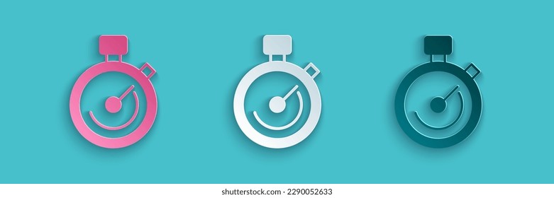 Paper cut Stopwatch icon isolated on blue background. Time timer sign. Chronometer sign. Paper art style. Vector