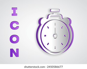 Paper cut Stopwatch icon isolated on grey background. Time timer sign. Chronometer sign. Paper art style. Vector
