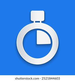 Paper cut Stopwatch icon isolated on blue background. Time timer sign. Chronometer sign. Paper art style. Vector