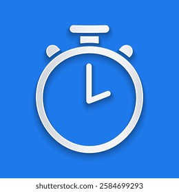 Paper cut Stopwatch icon isolated on blue background. Time timer sign. Chronometer sign. Paper art style. Vector Illustration