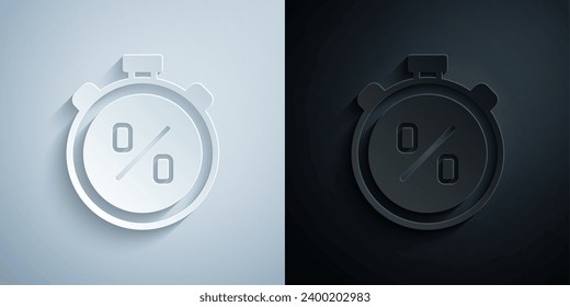 Paper cut Stopwatch with percent discount icon isolated on grey and black background. Time timer sign. Paper art style. Vector