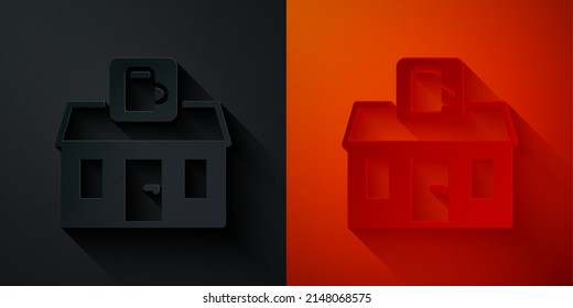 Paper cut Store building of beer shop icon isolated on black and red background. Brewery sign. Paper art style. Vector