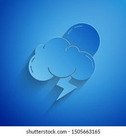 Paper cut Storm icon isolated on blue background. Cloud with lightning and sun sign. Weather icon of storm. Paper art style. Vector Illustration