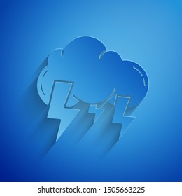 Paper cut Storm icon isolated on blue background. Cloud and lightning sign. Weather icon of storm. Paper art style. Vector Illustration