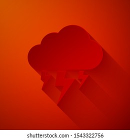 Paper cut Storm icon isolated on red background. Cloud and lightning sign. Weather icon of storm. Paper art style. Vector Illustration