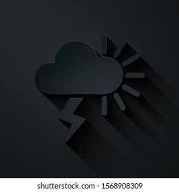 Paper cut Storm icon isolated on black background. Cloudy with lightning and sun sign. Weather icon of storm. Paper art style. Vector Illustration