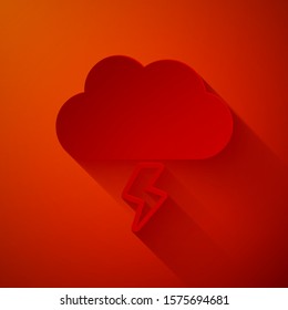 Paper cut Storm icon isolated on red background. Cloud and lightning sign. Weather icon of storm. Paper art style. Vector Illustration