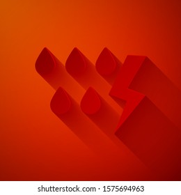 Paper cut Storm icon isolated on red background. Drop and lightning sign. Weather icon of storm. Paper art style. Vector Illustration