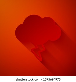 Paper cut Storm icon isolated on red background. Cloud and lightning sign. Weather icon of storm. Paper art style. Vector Illustration