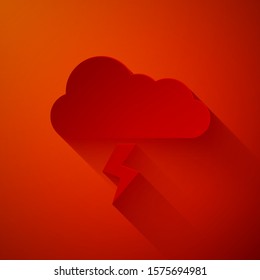 Paper cut Storm icon isolated on red background. Cloud and lightning sign. Weather icon of storm. Paper art style. Vector Illustration