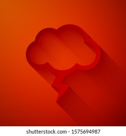 Paper cut Storm icon isolated on red background. Cloud and lightning sign. Weather icon of storm. Paper art style. Vector Illustration