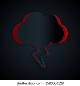Paper cut Storm icon isolated on black background. Cloud and lightning sign. Weather icon of storm. Paper art style. Vector Illustration