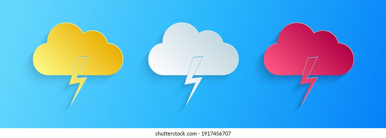 Paper cut Storm icon isolated on blue background. Cloud and lightning sign. Weather icon of storm. Paper art style. Vector.
