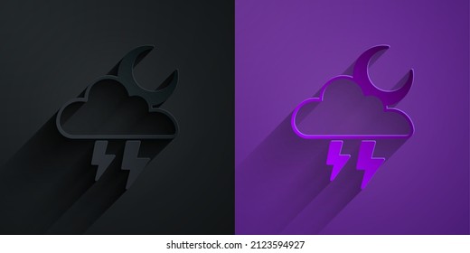Paper cut Storm icon isolated on black on purple background. Cloud with lightning and moon sign. Weather icon of storm. Paper art style. Vector