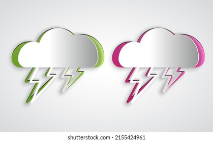 Paper cut Storm icon isolated on grey background. Cloud and lightning sign. Weather icon of storm. Paper art style. Vector