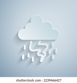 Paper cut Storm icon isolated on grey background. Cloud and lightning sign. Weather icon of storm. Paper art style. Vector