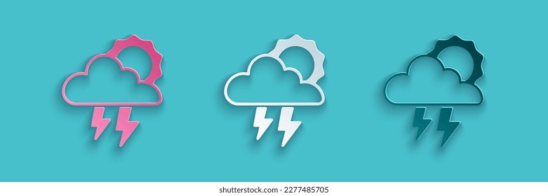 Paper cut Storm icon isolated on blue background. Cloud with lightning and sun sign. Weather icon of storm. Paper art style. Vector