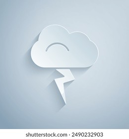 Paper cut Storm icon isolated on grey background. Cloud and lightning sign. Weather icon of storm. Paper art style. Vector Illustration