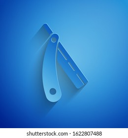 Paper cut Straight razor icon isolated on blue background. Barbershop symbol. Paper art style. Vector Illustration