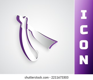 Paper cut Straight razor icon isolated on grey background. Barbershop symbol. Paper art style. Vector