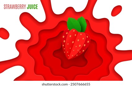 Paper cut strawberry juice splash with vector 3d origami berry. Summer sweet strawberry fruit juice or dessert smoothie beverage explosion splash with paper cut wavy layers, juicy splatters and drops