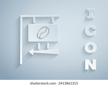 Paper cut Street signboard coffee icon isolated on grey background. Paper art style. Vector Illustration