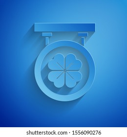 Paper cut Street signboard with four leaf clover icon isolated on blue background. Suitable for advertisements bar, cafe, pub. Paper art style. Vector Illustration