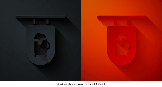 Paper cut Street signboard with inscription Bar icon isolated on black and red background. Suitable for advertisements bar, cafe, restaurant. Paper art style. Vector