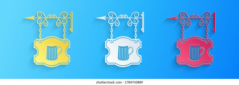 Paper cut Street signboard on forged brackets with wooden mug of beer icon isolated on blue background. Suitable for bar, tavern, cafe, pub, restaurant. Paper art style. Vector.