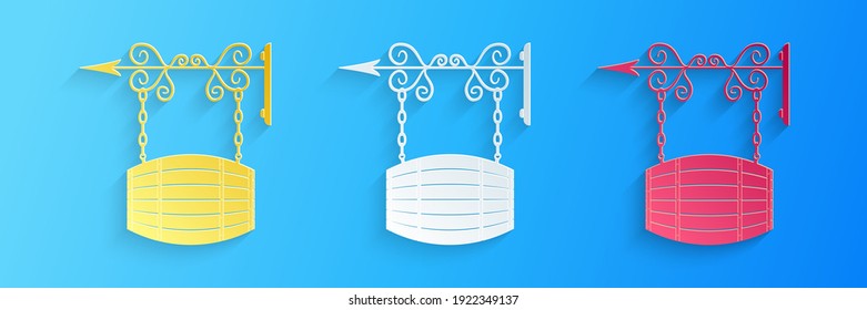 Paper cut Street signboard on forged brackets with barrel shaped wooden icon isolated on blue background. Suitable for bar, cafe, pub, restaurant. Paper art style. Vector.